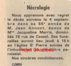 Jean ANNOOT époux de Dame Jacqueline MARRIS, décédé à Steenvoorde, le 04 Septembre 1989 (54 ans).